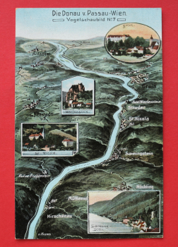 AK Die Donau von Passau bis Wien / 1910-1920 / Vogelschau / Künstler Karte Eugen Felle / Sarming Stein / Hirschenau / St Nicola / Werfenstein / Grein / Struden / Oberösterreich